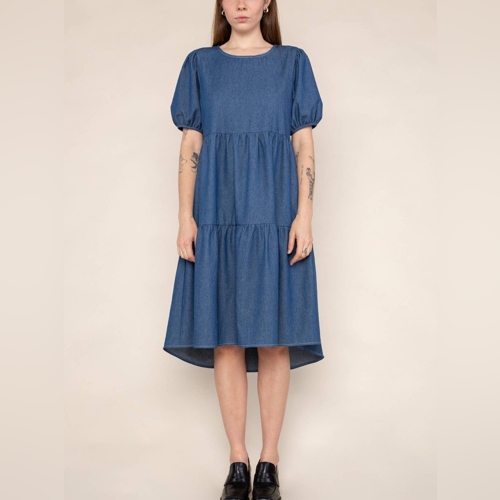 Blue Tiered Midi Dress with Puff Sleeves